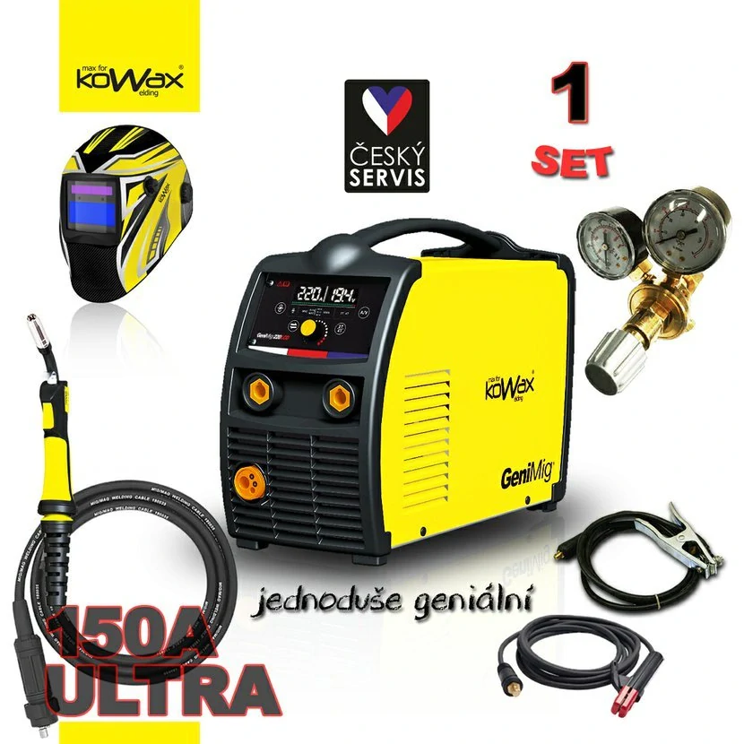 KOWAX GeniMig 220LCD SET 1, Svářecí invertor MIG/MAG/MMA, hořák 4m ULTRA 150A, kabely 3m, kukla