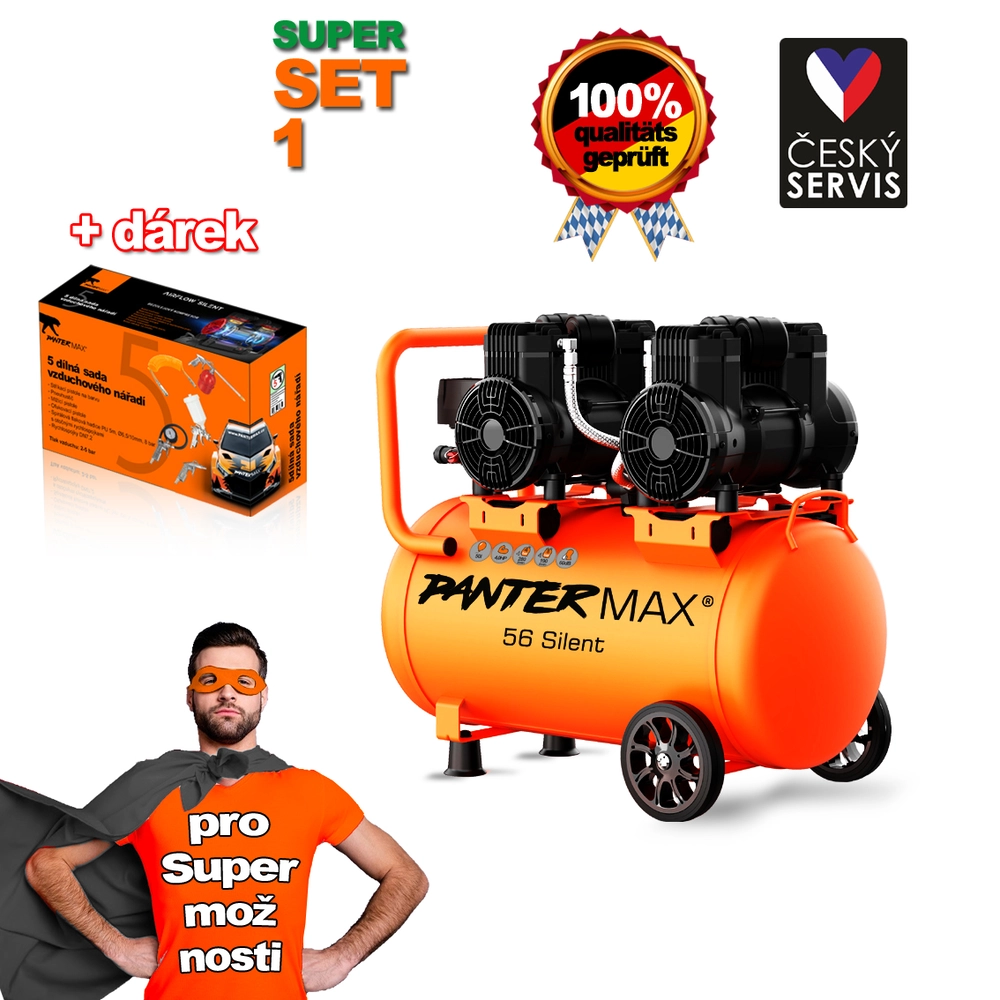 PANTERMAX®AirFlow® 56 SILENT SET1 bezolejový tichý kompresor + 5-dílná pneu sada