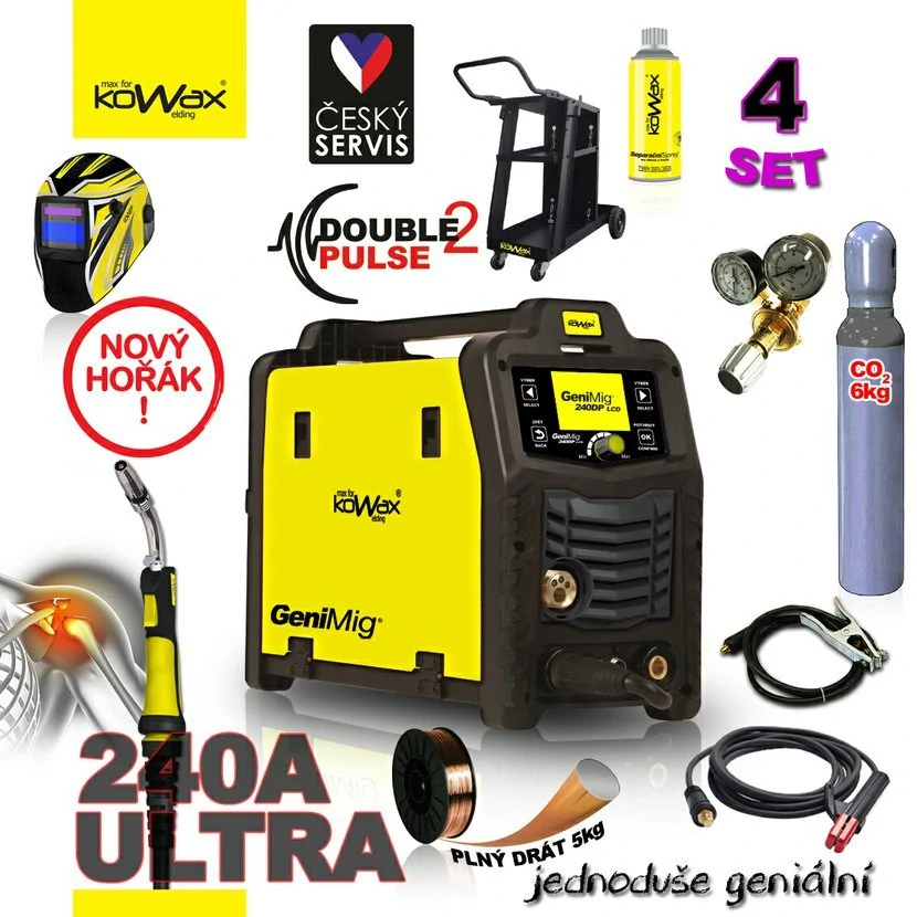 KOWAX® GeniMig®240DP LCD Svařovací invertor MIG/MAG/LiftTIG/MMA SET 4 + SAMOSTMÍVACÍ KUKLA + LAHEV CO2 + VENTIL + VOZÍK