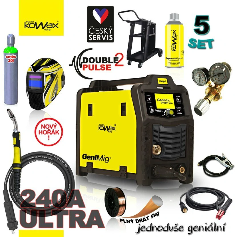 KOWAX® GeniMig®240DP LCD Svařovací invertor MIG/MAG/LiftTIG/MMA SET 5 + SAMOSTMÍVACÍ KUKLA + LAHEV AR/CO2 20L + VENTIL + VOZÍK + DRÁT + SPREJ