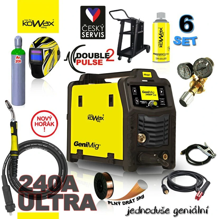 KOWAX® GeniMig®240DP LCD MIG/MAG/LiftTIG/MMA SET 6A + SAMOSTMÍVACÍ KUKLA + LAHEV AR 20L + VENTIL + VOZÍK + DRÁT + HOŘÁK