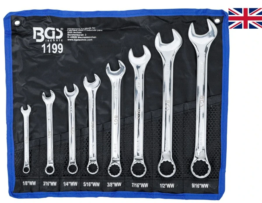 BGS 1199 Očkoploché palcové klíče Whitworth, velikosti 1/8” až 9/16”, sada 8 ks