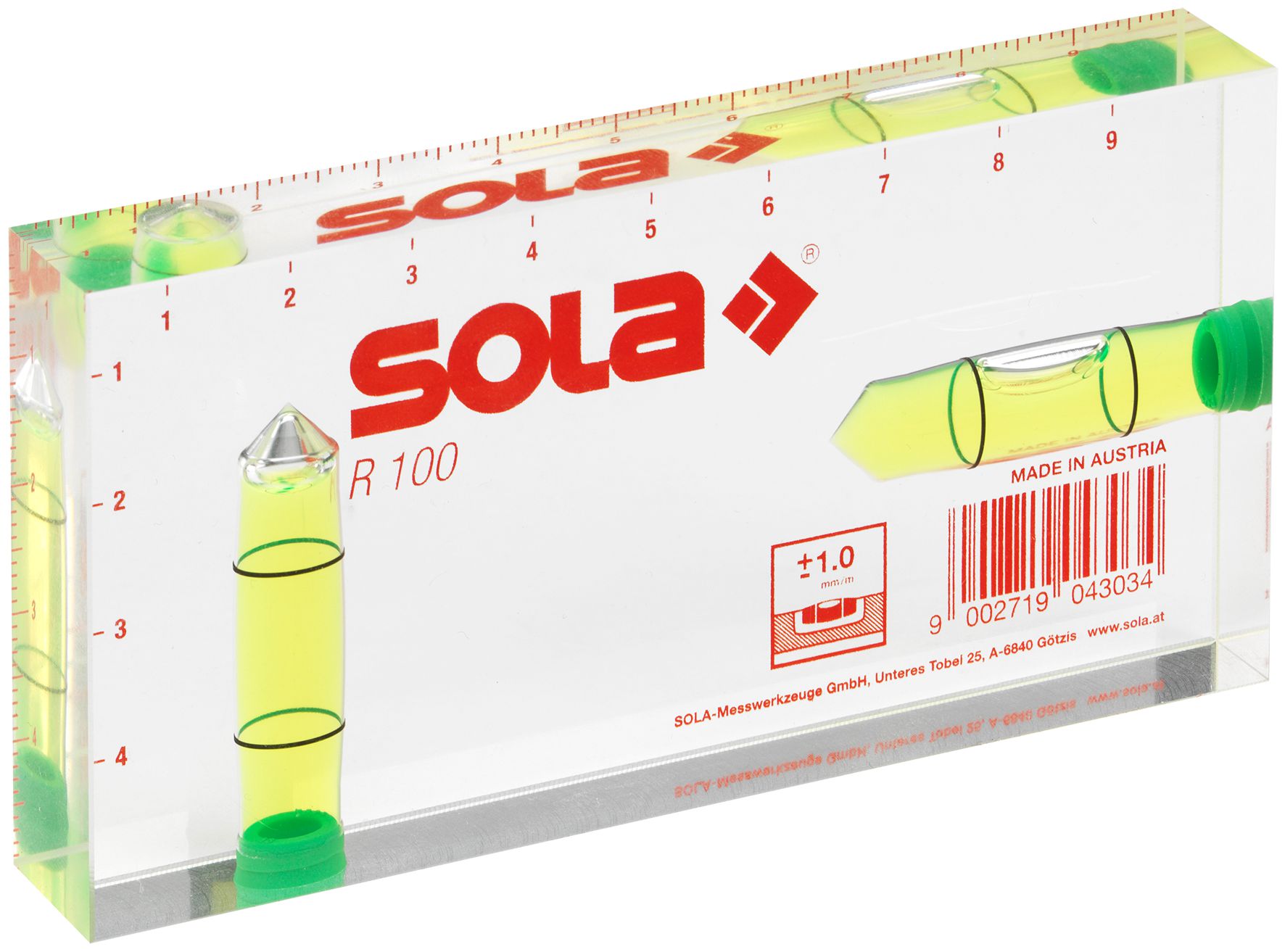 SOLA R100 vodováha z akrylového skla 10cm