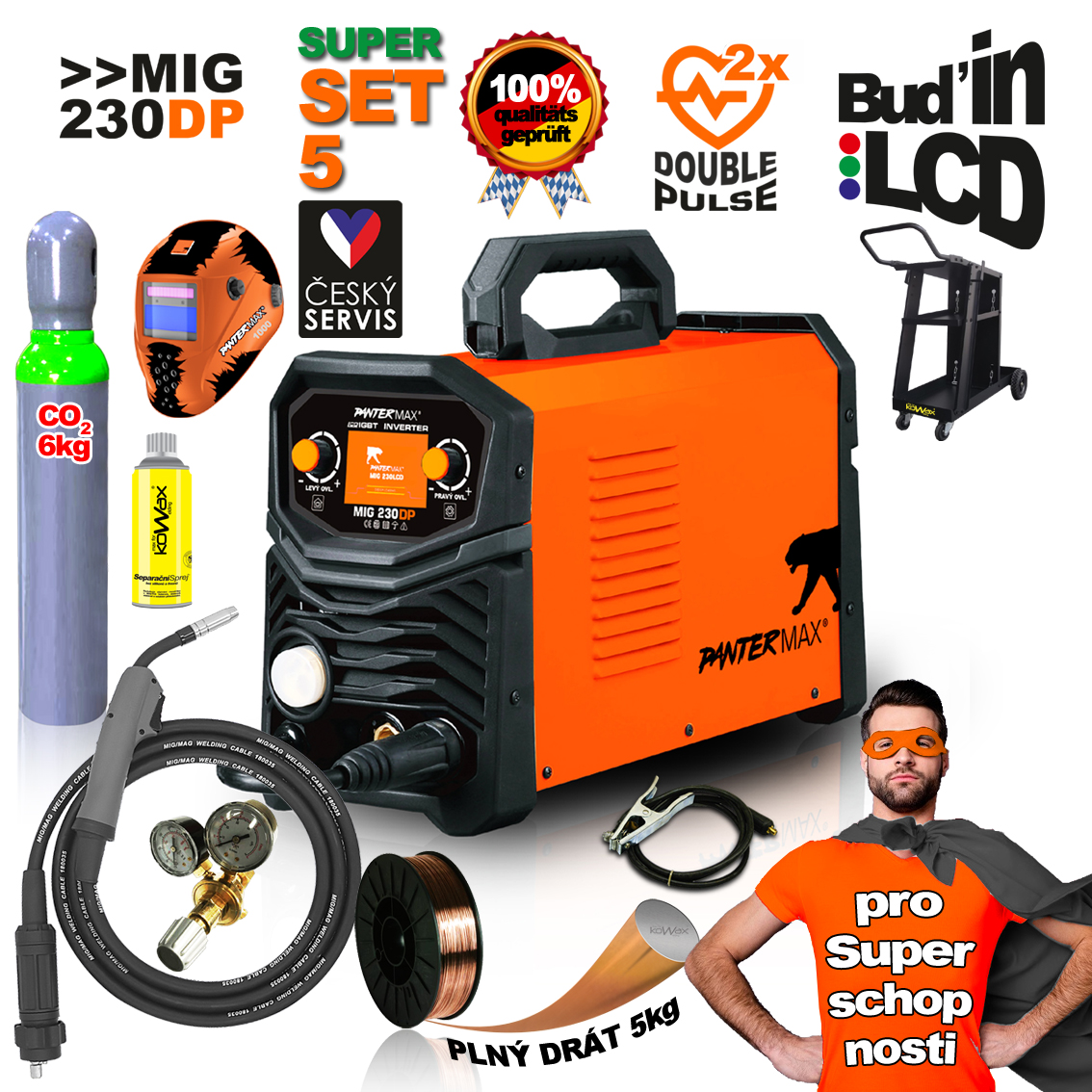 PANTERMAX® MIG230DP invertorová svářečka DOUBLE PULSE! SET 5 + kukla+ lahev CO2 + vozík + sprej + drát, ventil
