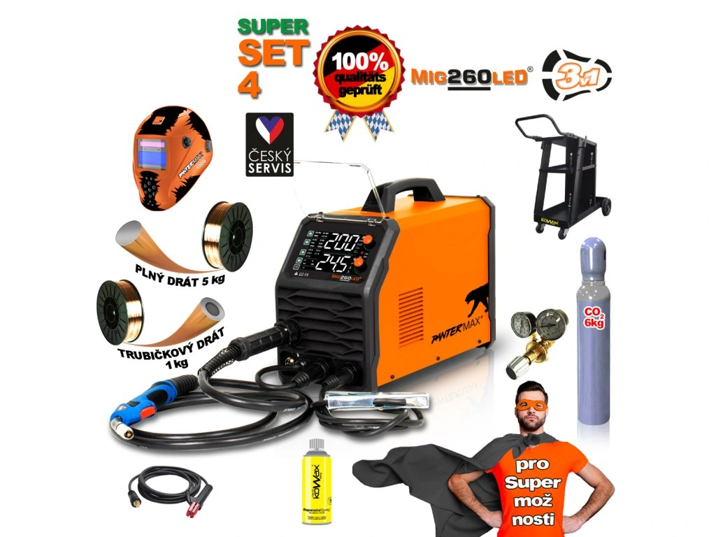 PANTERMAX MIG260LED SET 4 svářecí invertor MIG/MMA/TIG + LAHEV CO2 + VOZÍK + DRÁT + VENTIL + KUKLA