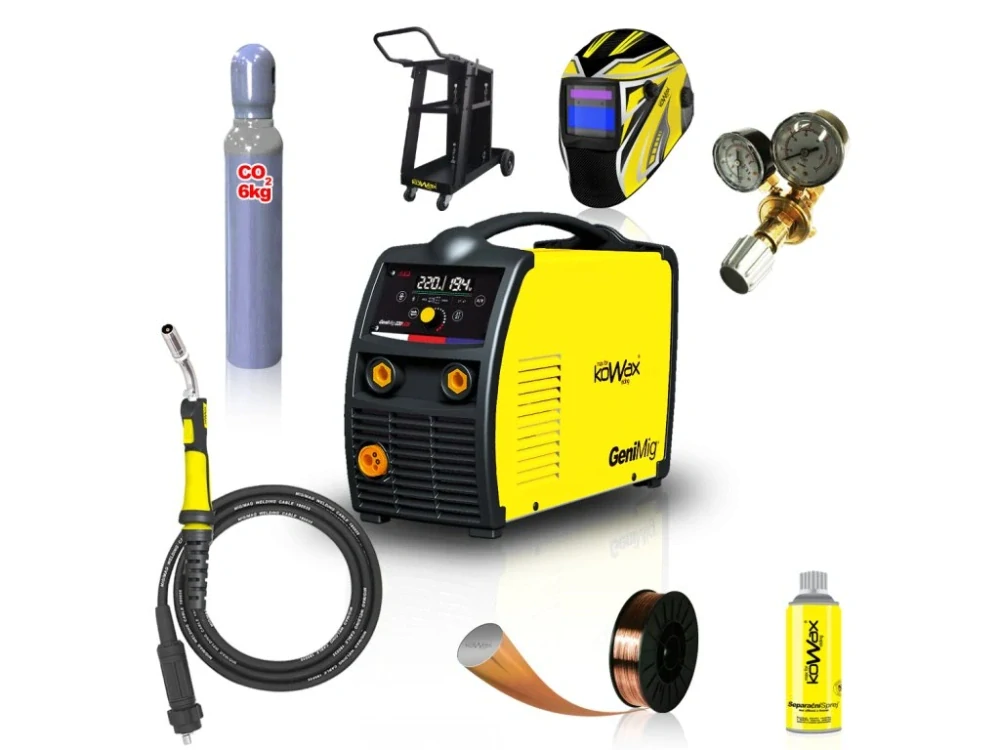 KOWAX GeniMig 220LCD, Svářecí invertor MIG/MAG/MMA SET4, hořák 4m ULTRA 150A, kabely 3m, kukla + LAHEV CO2 + DRÁT + VENTIL + SPREJ