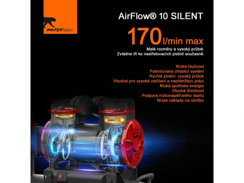 PANTERMAX®AirFlow® 10 SILENT tichý bezolejový kompresor 0,9kW, 10l, 230V