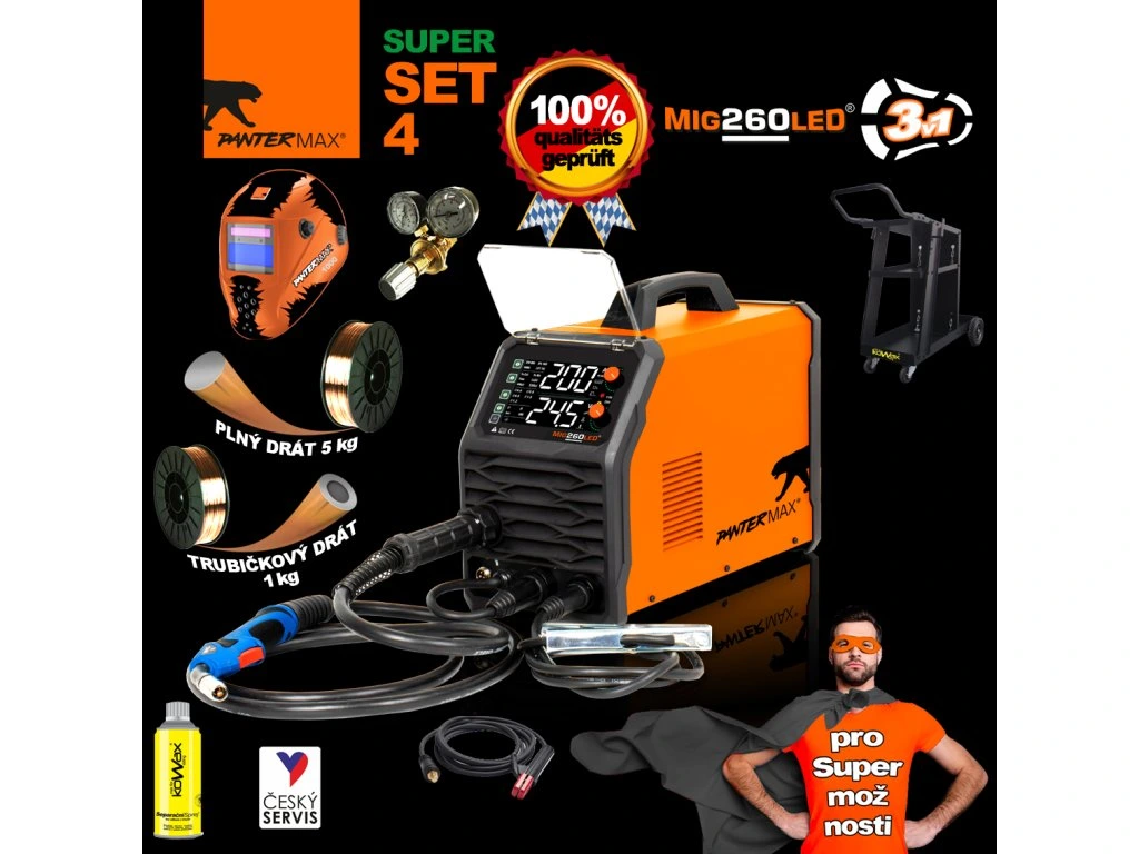 PANTERMAX MIG260LED SET 4BL svářecí invertor MIG/MMA/TIG + VOZÍK + DRÁT + VENTIL + KUKLA