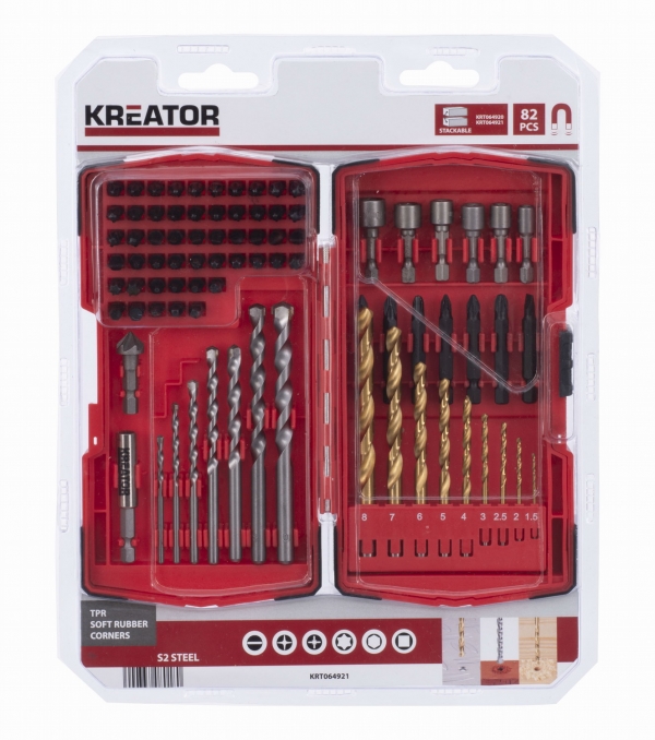 KREATOR KRT064921 Sada bitů, hlavic a vrtáků 82ks