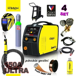 KOWAX GeniMig 220LCD, Svářecí invertor MIG/MAG/MMA SET4, hořák 4m ULTRA 150A, kabely 3m, kukla + LAHEV CO2 + DRÁT + VENTIL + SPREJ
